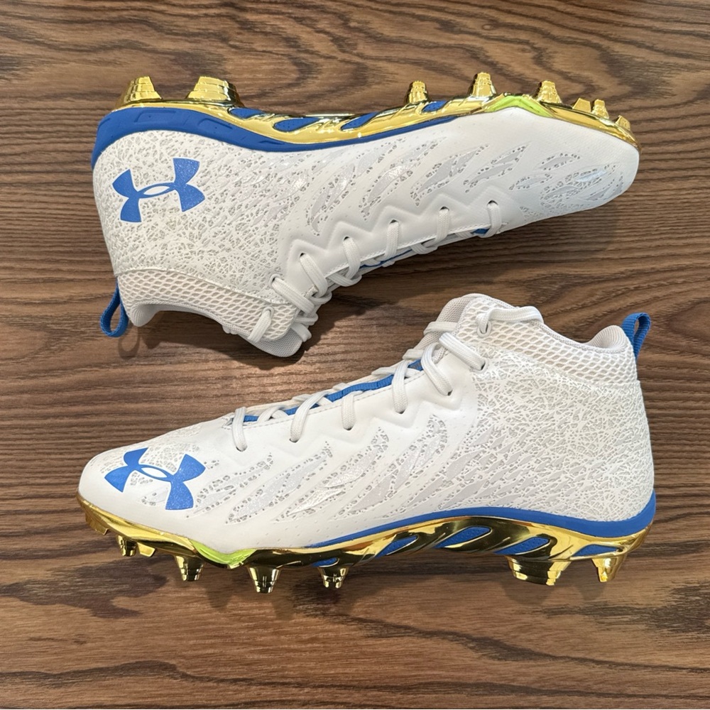 Size 19 Under Armour Spotlight Select Spine MC Football Cleat White/Blue/Gold